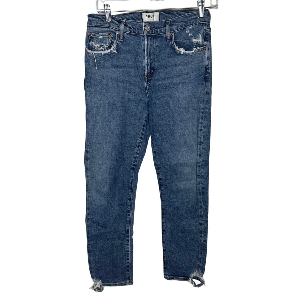AGOLDE‎ Toni Mid Rise Slim Straight Jeans Women’s 26 Distressed Hem Blue Denim